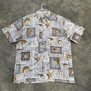 Vintage Bluewater Hawaiian Shirt Mens XL USA Tan Blue Marlin Swordfish AOP